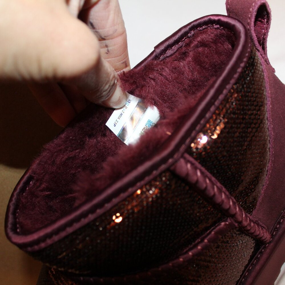NIB UGG ULTRA MINI BURGUNDY‎ SEQUIN SHEARLING LINED ANKLE BOOTS - Picture 7 of 8
